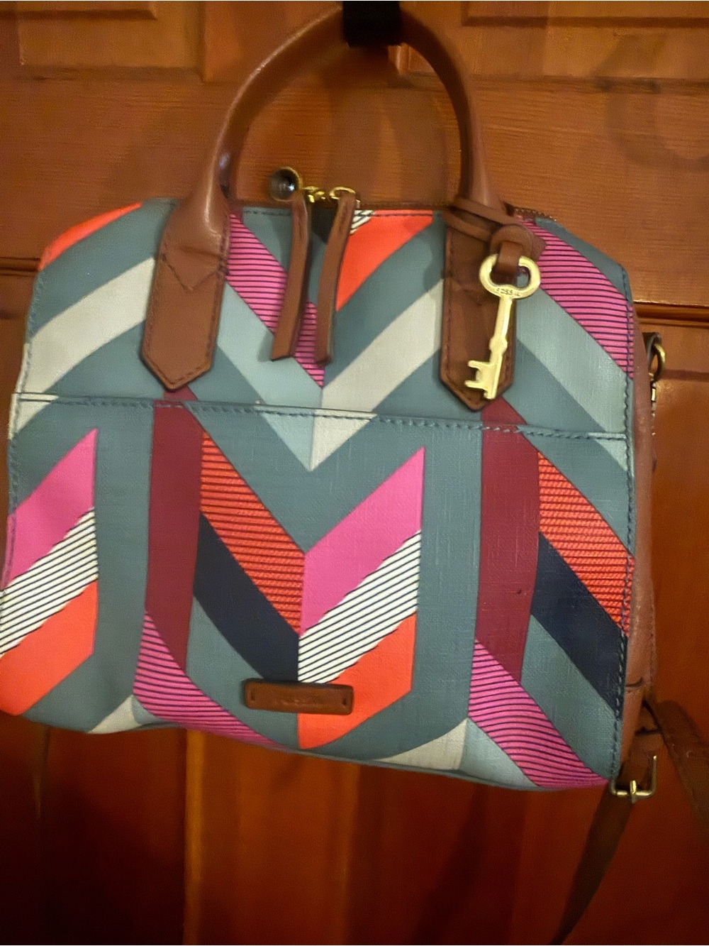 Fossil Multicolor Chevron Satchel in Teal, Pink, Orange & Brown
